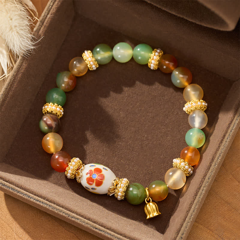 Buddha Stones Colgante de loto con cuentas cilíndricas de cerámica y ágata pavo real natural, pulsera de cuentas redondas que transmiten confianza. - image 3