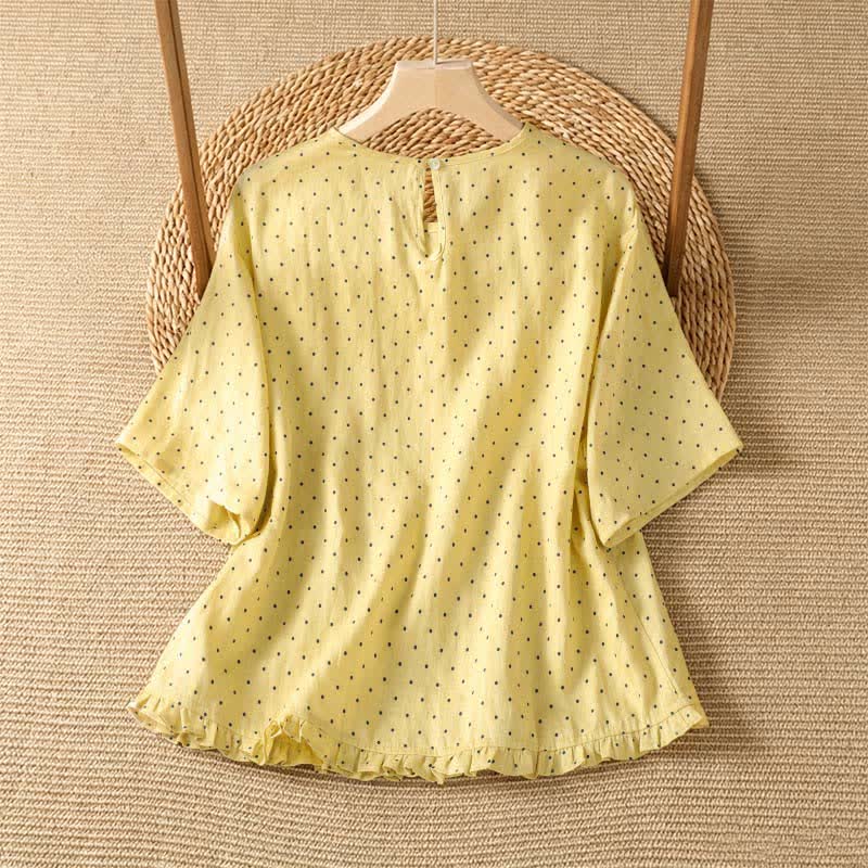 Buddha Stones Camisetas de manga corta para mujer, estilo casual de verano, con estampado de lunares y bajo con volantes. - image 1