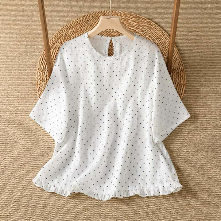 Buddha Stones Camisetas de manga corta para mujer, estilo casual de verano, con estampado de lunares y bajo con volantes. - Blanco - US8-10, UK/AU12-14, EU40-42 (2XL) - image 11
