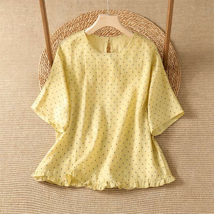 Buddha Stones Camisetas de manga corta para mujer, estilo casual de verano, con estampado de lunares y bajo con volantes. - Amarillo claro - US8-10, UK/AU12-14, EU40-42 (2XL) - image 0