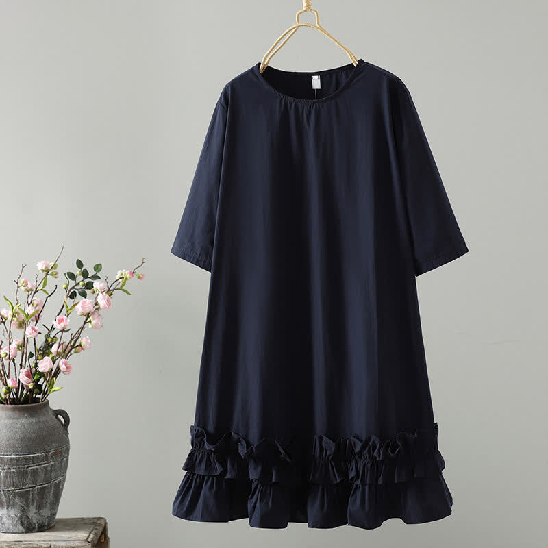 Buddha Stones Vestido de mujer de manga corta, estilo casual de verano, minimalista, liso, con bajo de volantes. - Azul medianoche - US14, UK/AU18, EU46 (2XL) - image 1