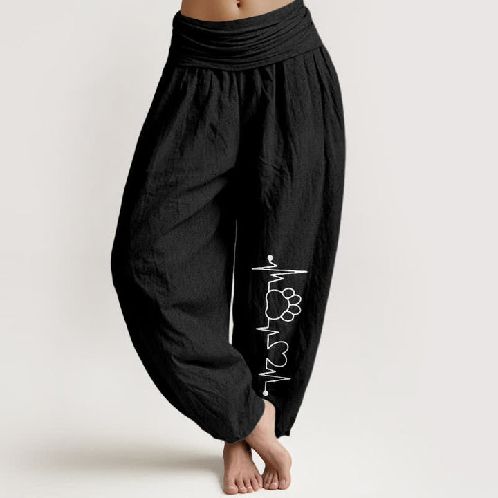 Buddha Stones Pantalones harem de mujer con cintura elástica y estampado de huella de pata y latido de corazón, de algodón puro. - Negro - US16，UK/AU20，EU48 (3XL) - image 5