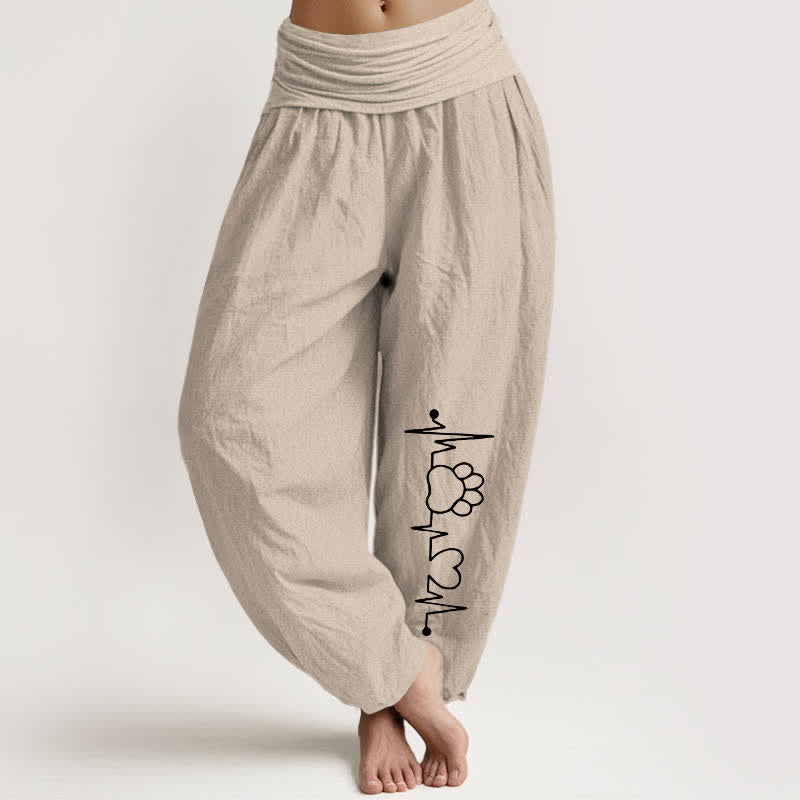 Buddha Stones Pantalones harem de mujer con cintura elástica y estampado de huella de pata y latido de corazón, de algodón puro. - Broncearse - US16，UK/AU20，EU48 (3XL) - image 11