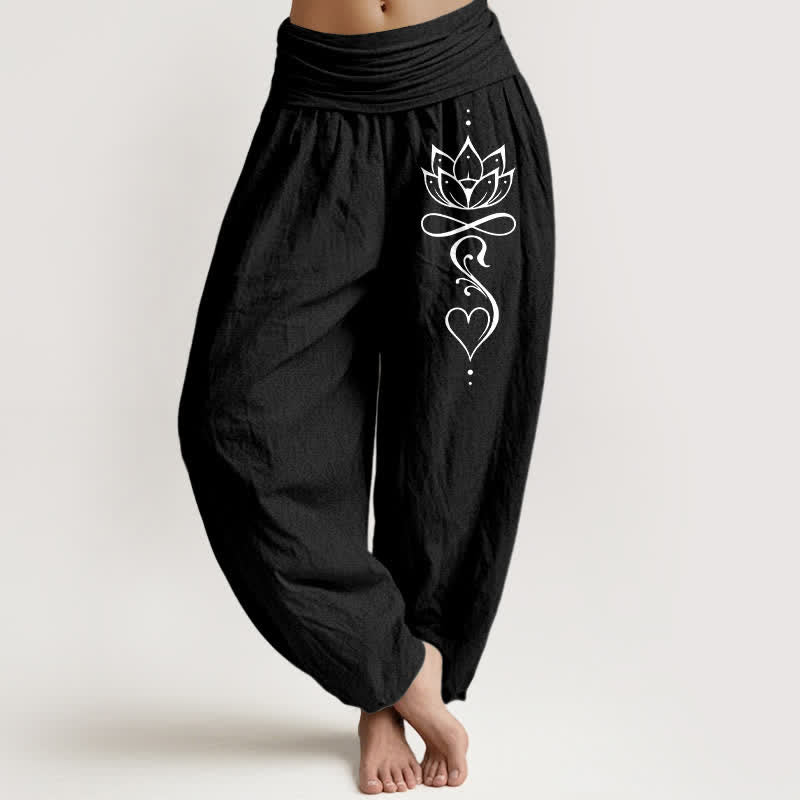 Buddha Stones Pantalones harem de mujer con cintura elástica y estampado de loto blanco, de algodón puro. - Negro - US16，UK/AU20，EU48 (3XL) - image 5