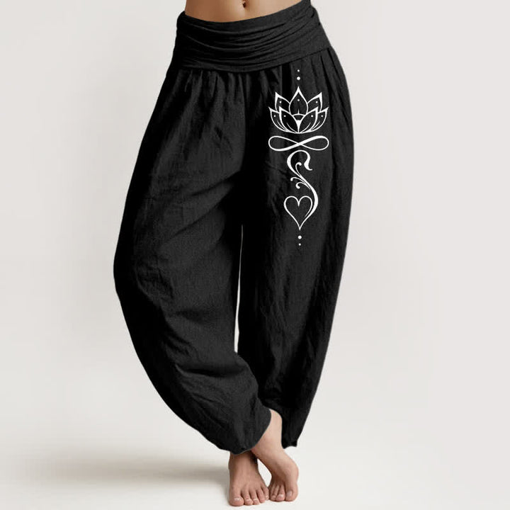 Buddha Stones Pantalones harem de mujer con cintura elástica y estampado de loto blanco, de algodón puro. - Negro - US16，UK/AU20，EU48 (3XL) - image 5