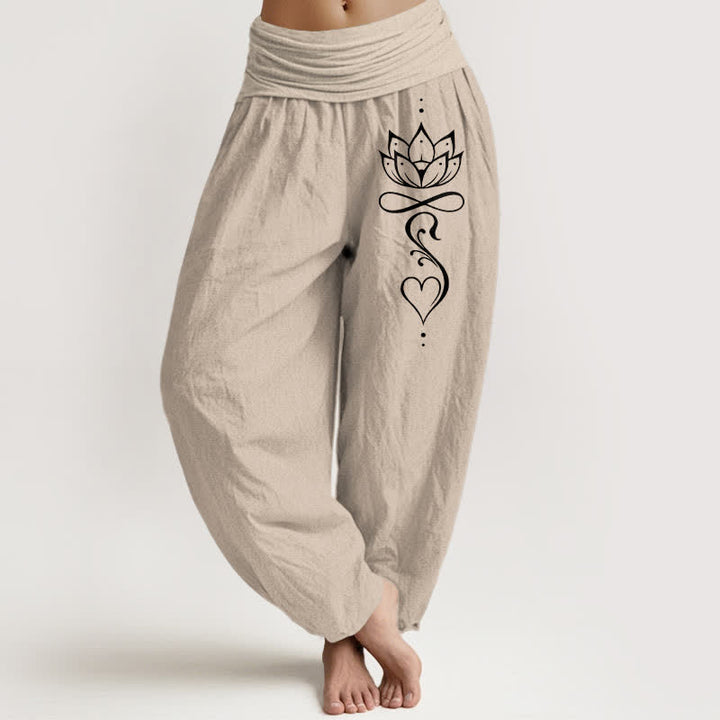 Buddha Stones Pantalones harem de mujer con cintura elástica y estampado de loto blanco, de algodón puro. - Broncearse - US16，UK/AU20，EU48 (3XL) - image 11