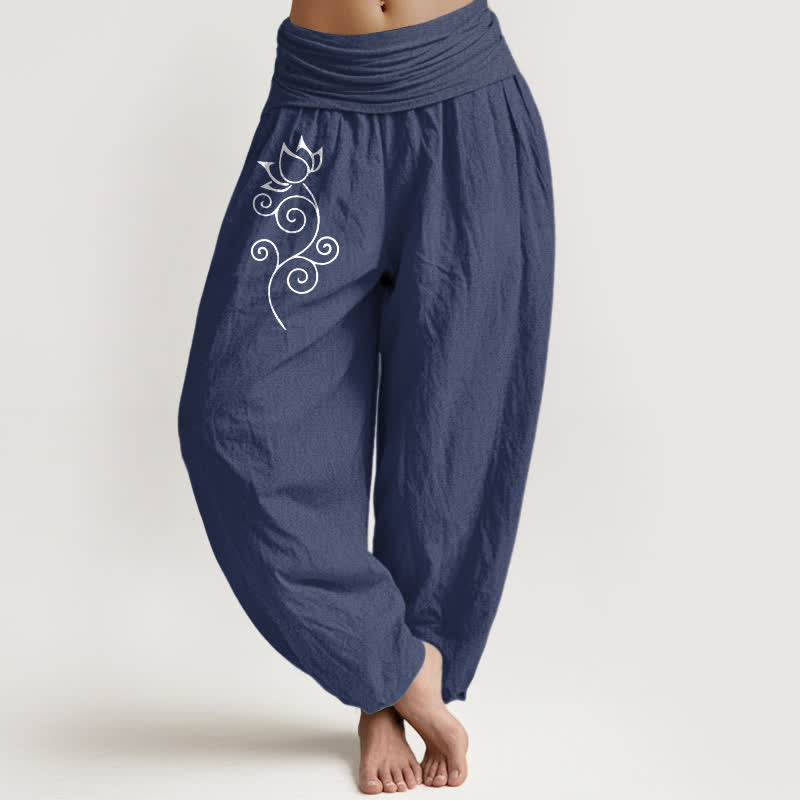 Buddha Stones Pantalones harem de mujer con cintura elástica y estampado floral de loto blanco, de algodón puro para mujer. - Azul pizarra oscuro - US16，UK/AU20，EU48 (3XL) - image 0