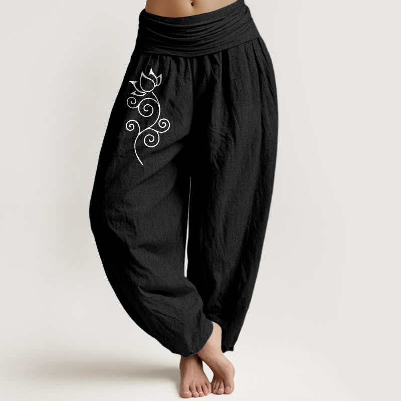 Buddha Stones Pantalones harem de mujer con cintura elástica y estampado floral de loto blanco, de algodón puro para mujer. - Negro - US16，UK/AU20，EU48 (3XL) - image 5