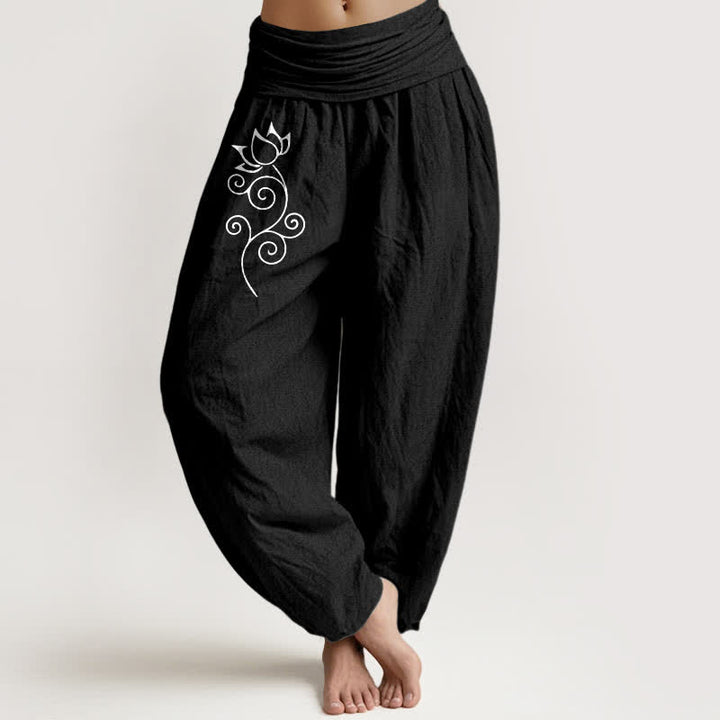 Buddha Stones Pantalones harem de mujer con cintura elástica y estampado floral de loto blanco, de algodón puro para mujer. - Negro - US16，UK/AU20，EU48 (3XL) - image 5