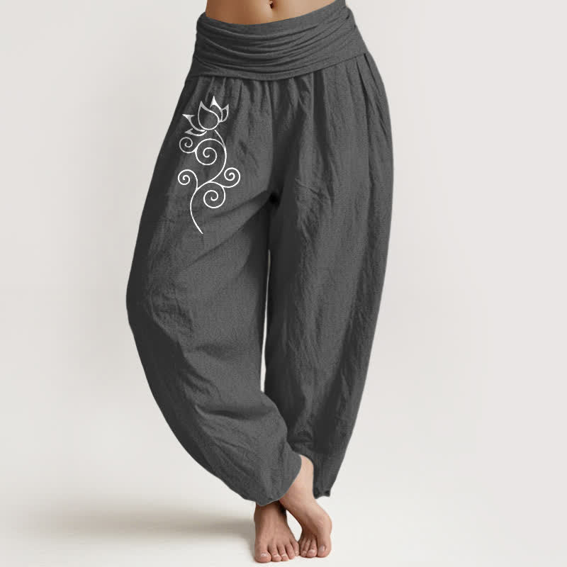 Buddha Stones Pantalones harem de mujer con cintura elástica y estampado floral de loto blanco, de algodón puro para mujer. - Gris oscuro - US16，UK/AU20，EU48 (3XL) - image 8