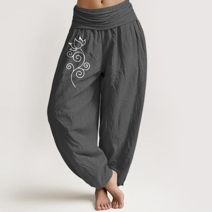 Buddha Stones Pantalones harem de mujer con cintura elástica y estampado floral de loto blanco, de algodón puro para mujer. - Gris oscuro - US16，UK/AU20，EU48 (3XL) - image 8