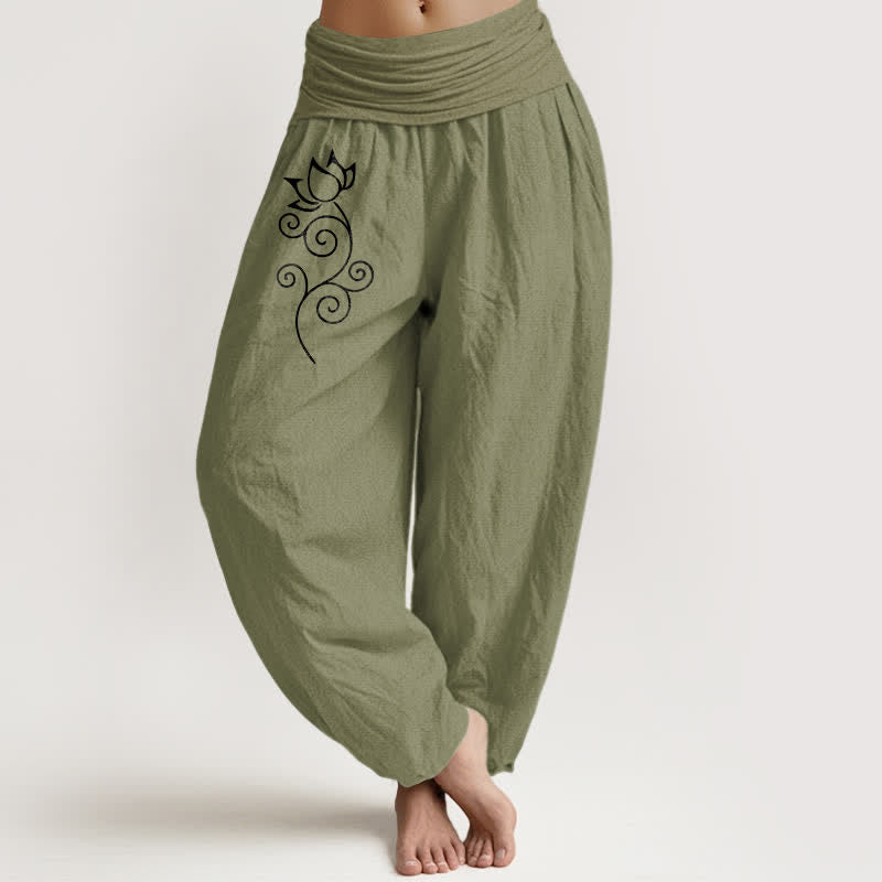 Buddha Stones Pantalones harem de mujer con cintura elástica y estampado floral de loto blanco, de algodón puro para mujer. - Verde oliva - US16，UK/AU20，EU48 (3XL) - image 14
