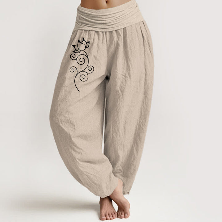 Buddha Stones Pantalones harem de mujer con cintura elástica y estampado floral de loto blanco, de algodón puro para mujer. - Broncearse - US16，UK/AU20，EU48 (3XL) - image 11