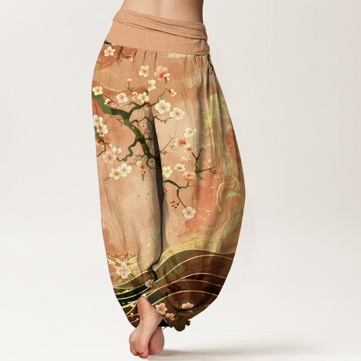 Buddha Stones Pantalones harem de mujer con cintura elástica y estampado de ramas de cerezo en flor de algodón puro. - image 2