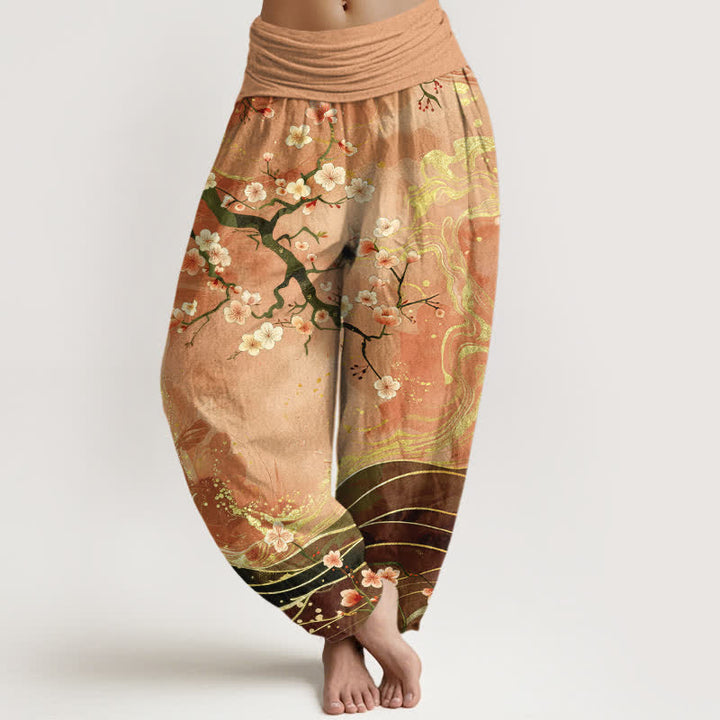 Buddha Stones Pantalones harem de mujer con cintura elástica y estampado de ramas de cerezo en flor de algodón puro. - BurlyWood - US16，UK/AU20，EU48 (3XL) - image 0