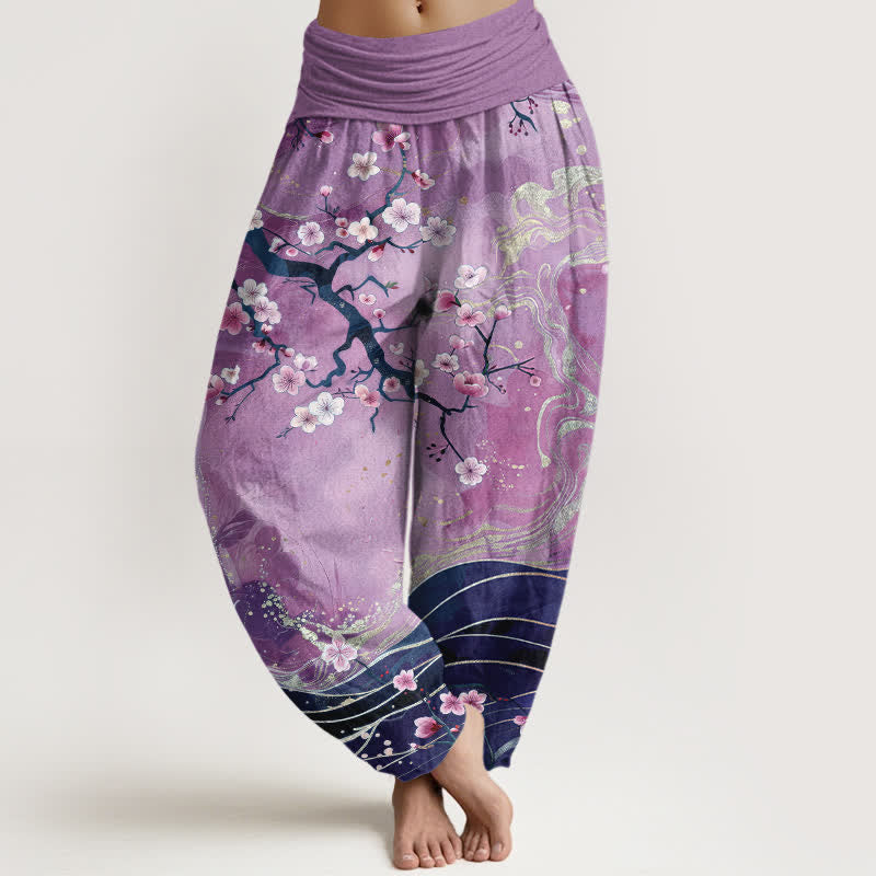 Buddha Stones Pantalones harem de mujer con cintura elástica y estampado de ramas de cerezo en flor de algodón puro. - Ciruela - US16，UK/AU20，EU48 (3XL) - image 5