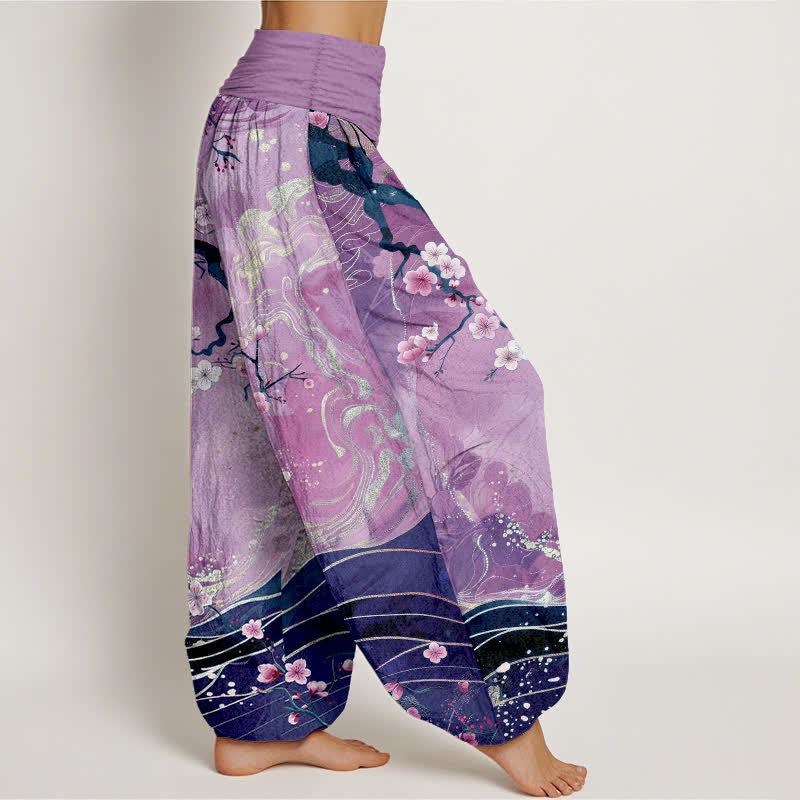 Buddha Stones Pantalones harem de mujer con cintura elástica y estampado de ramas de cerezo en flor de algodón puro. - image 6