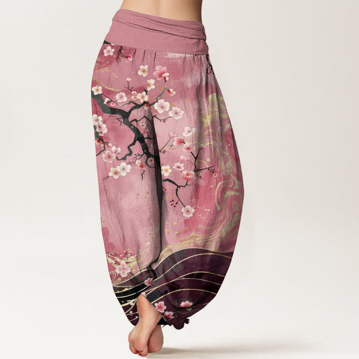 Buddha Stones Pantalones harem de mujer con cintura elástica y estampado de ramas de cerezo en flor de algodón puro. - image 10