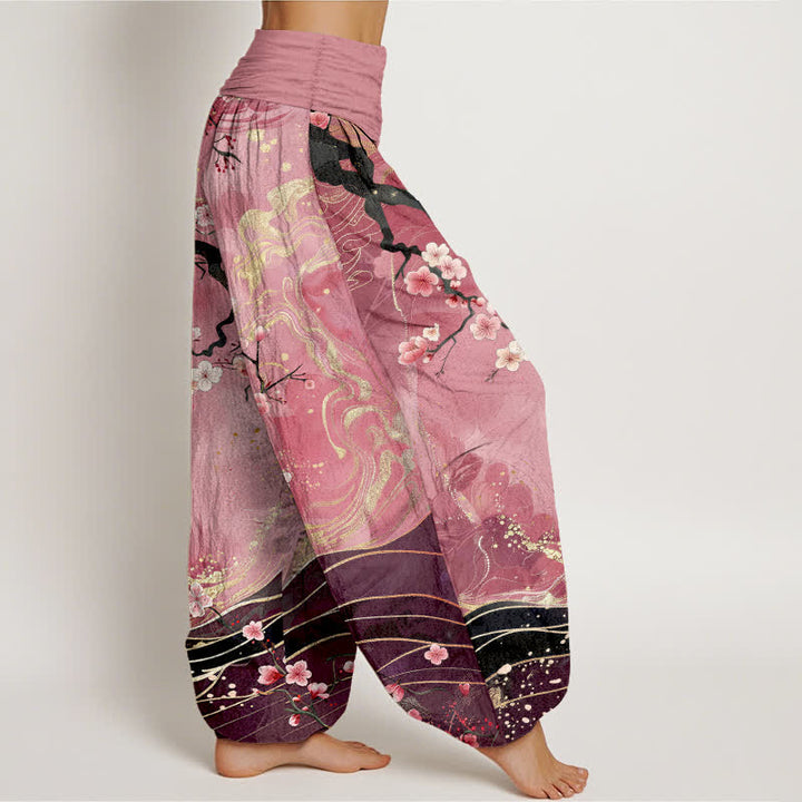 Buddha Stones Pantalones harem de mujer con cintura elástica y estampado de ramas de cerezo en flor de algodón puro. - image 9