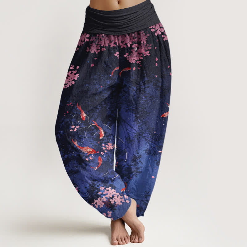 Buddha Stones Pantalones de mujer de algodón puro con estampado de peces koi y flores de cerezo, cintura elástica y bolsillos. - Marina de guerra - US16，UK/AU20，EU48 (3XL) - image 0
