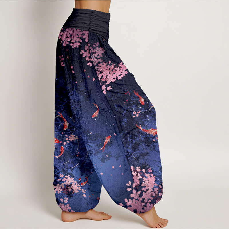 Buddha Stones Pantalones de mujer de algodón puro con estampado de peces koi y flores de cerezo, cintura elástica y bolsillos. - image 1