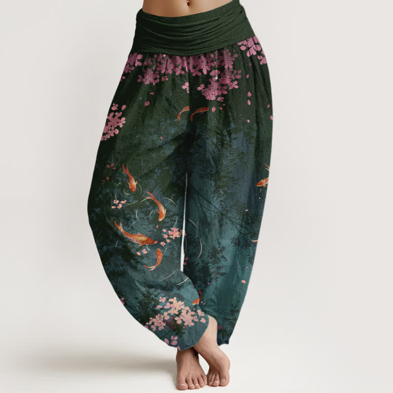 Buddha Stones Pantalones de mujer de algodón puro con estampado de peces koi y flores de cerezo, cintura elástica y bolsillos. - Gris pizarra oscuro - US16，UK/AU20，EU48 (3XL) - image 5