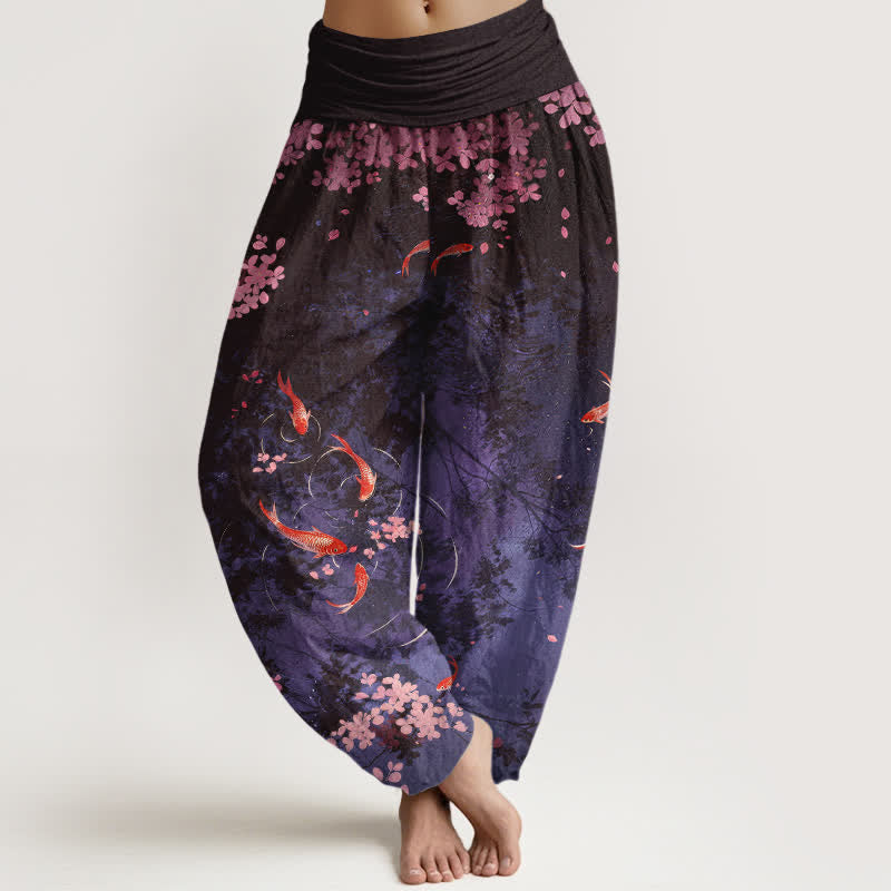 Buddha Stones Pantalones de mujer de algodón puro con estampado de peces koi y flores de cerezo, cintura elástica y bolsillos. - Índigo - US16，UK/AU20，EU48 (3XL) - image 8