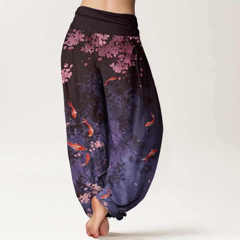 Buddha Stones Pantalones de mujer de algodón puro con estampado de peces koi y flores de cerezo, cintura elástica y bolsillos. - image 10