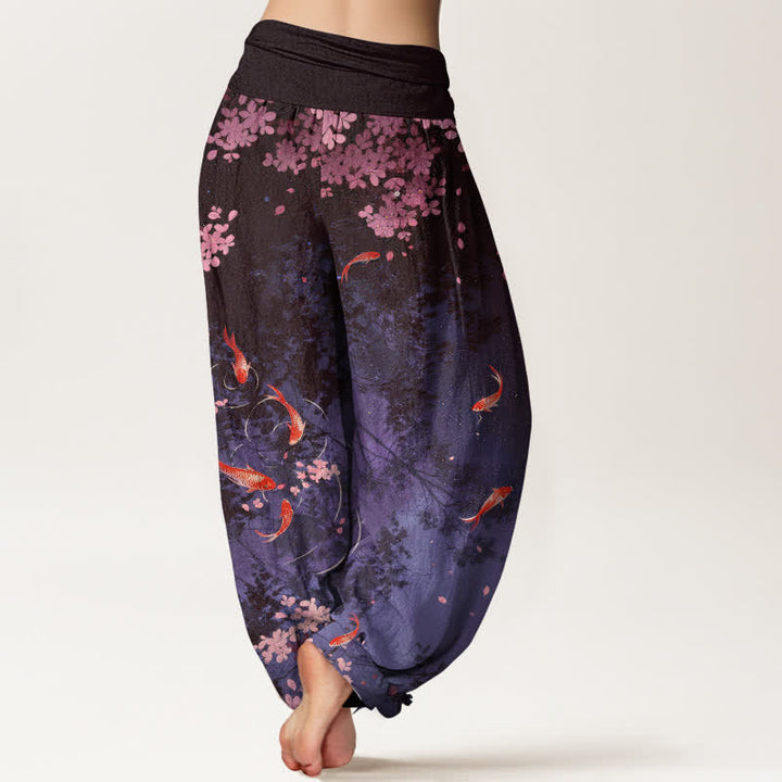 Buddha Stones Pantalones de mujer de algodón puro con estampado de peces koi y flores de cerezo, cintura elástica y bolsillos. - image 10