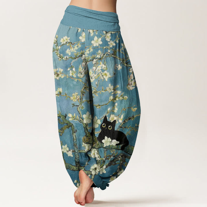 Buddha Stones Pantalones harem de algodón puro con estampado de gato y flores botánicas para mujer con cintura elástica. - image 2