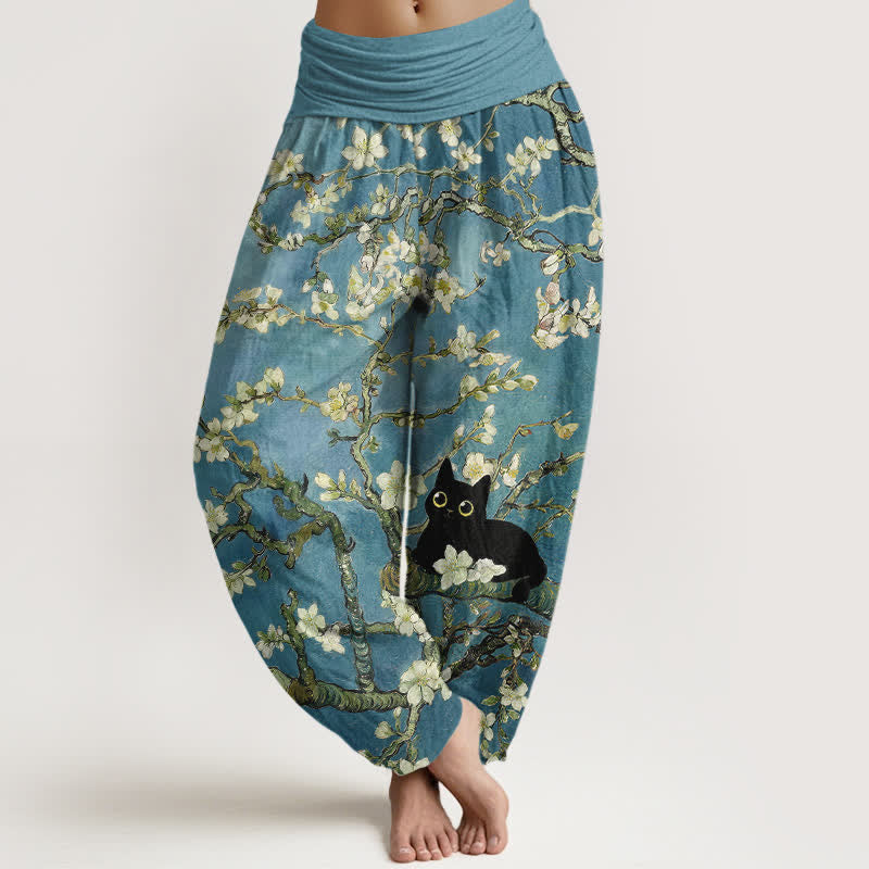 Buddha Stones Pantalones harem de algodón puro con estampado de gato y flores botánicas para mujer con cintura elástica. - Azul cadete - US16，UK/AU20，EU48 (3XL) - image 0
