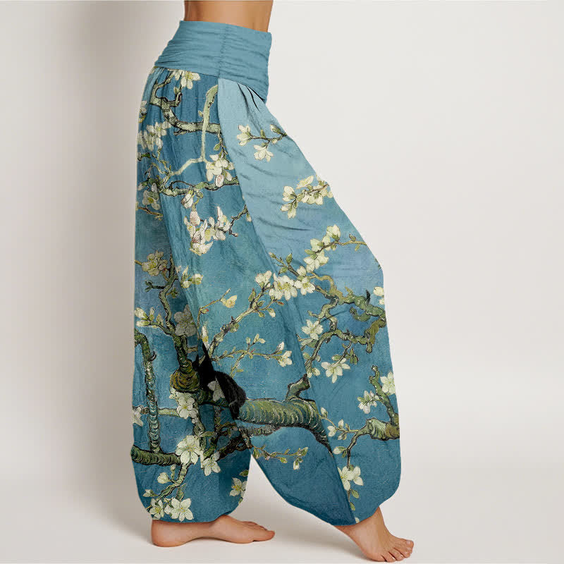 Buddha Stones Pantalones harem de algodón puro con estampado de gato y flores botánicas para mujer con cintura elástica. - image 1