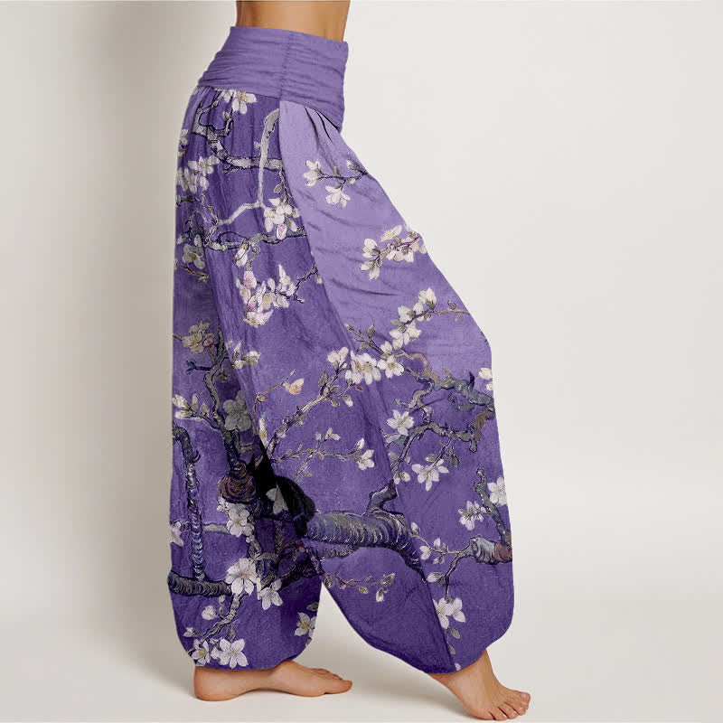 Buddha Stones Pantalones harem de algodón puro con estampado de gato y flores botánicas para mujer con cintura elástica. - image 6
