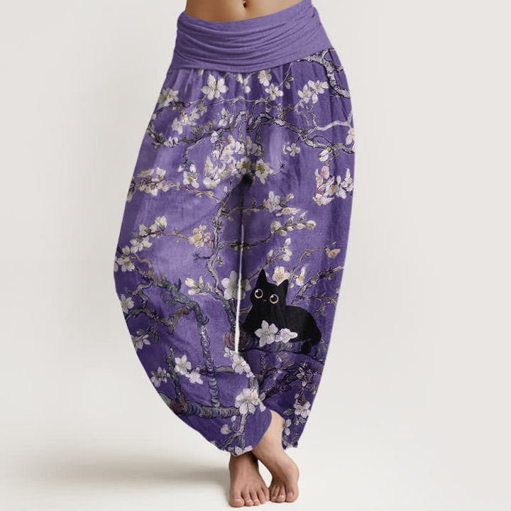 Buddha Stones Pantalones harem de algodón puro con estampado de gato y flores botánicas para mujer con cintura elástica. - Morado medio - US16，UK/AU20，EU48 (3XL) - image 5
