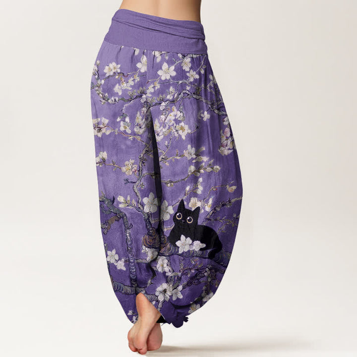 Buddha Stones Pantalones harem de algodón puro con estampado de gato y flores botánicas para mujer con cintura elástica. - image 7
