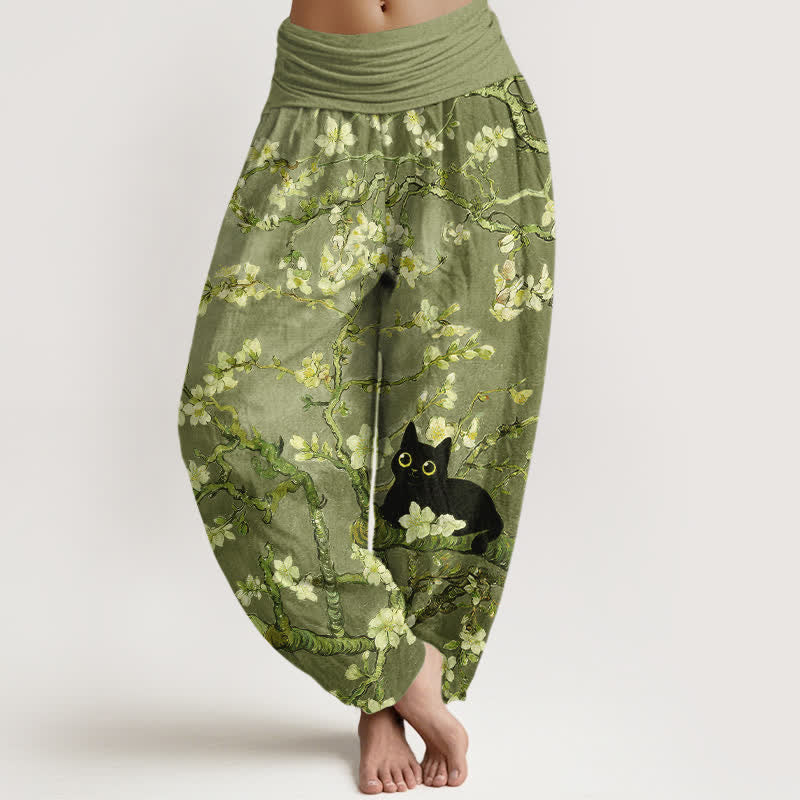Buddha Stones Pantalones harem de algodón puro con estampado de gato y flores botánicas para mujer con cintura elástica. - Verde oliva - US16，UK/AU20，EU48 (3XL) - image 8