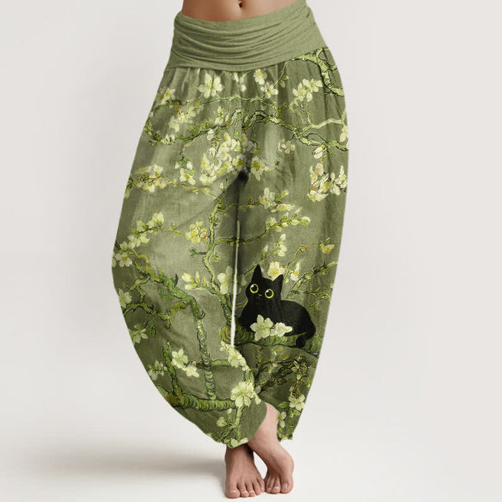 Buddha Stones Pantalones harem de algodón puro con estampado de gato y flores botánicas para mujer con cintura elástica. - Verde oliva - US16，UK/AU20，EU48 (3XL) - image 8