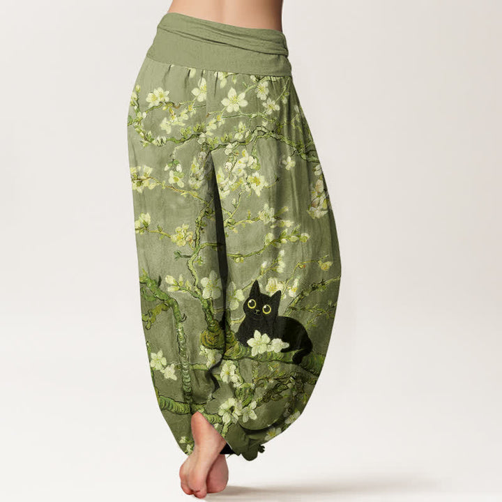 Buddha Stones Pantalones harem de algodón puro con estampado de gato y flores botánicas para mujer con cintura elástica. - image 10
