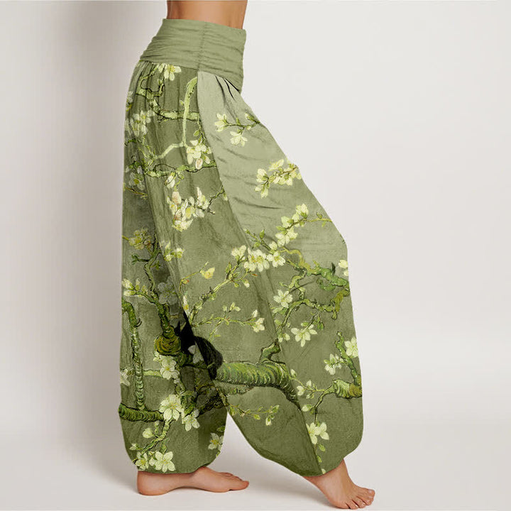 Buddha Stones Pantalones harem de algodón puro con estampado de gato y flores botánicas para mujer con cintura elástica. - image 9