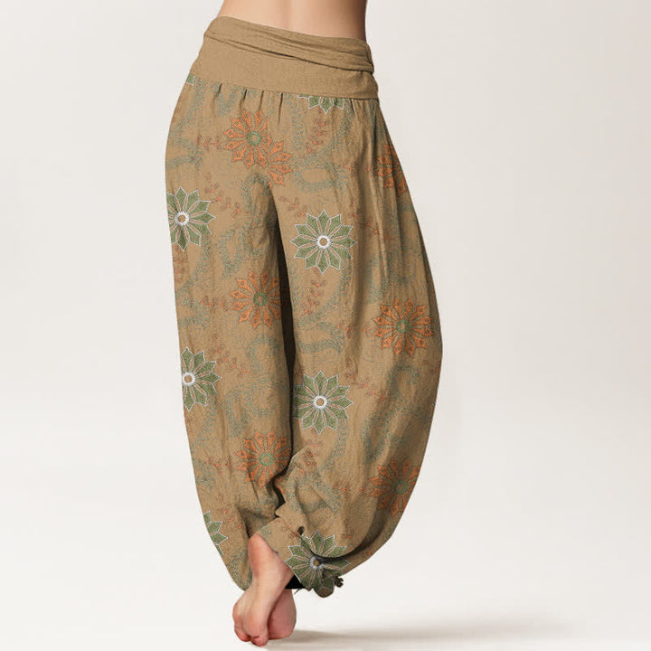 Buddha Stones Pantalones harem de algodón con estampado bohemio de mandala y enredaderas para mujer, con cintura elástica. - image 7