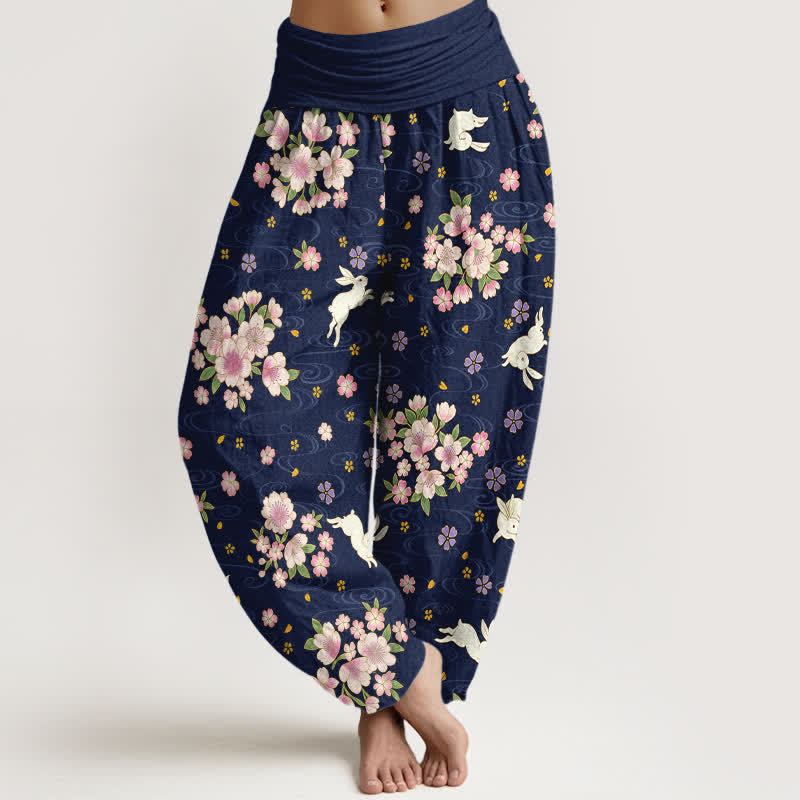 Buddha Stones Pantalones harem de algodón puro con estampado floral de conejo para mujer con cintura elástica. - Azul medianoche - US16，UK/AU20，EU48 (3XL) - image 0