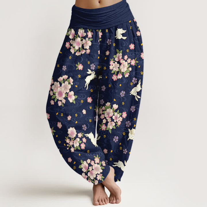 Buddha Stones Pantalones harem de algodón puro con estampado floral de conejo para mujer con cintura elástica. - Azul medianoche - US16，UK/AU20，EU48 (3XL) - image 0