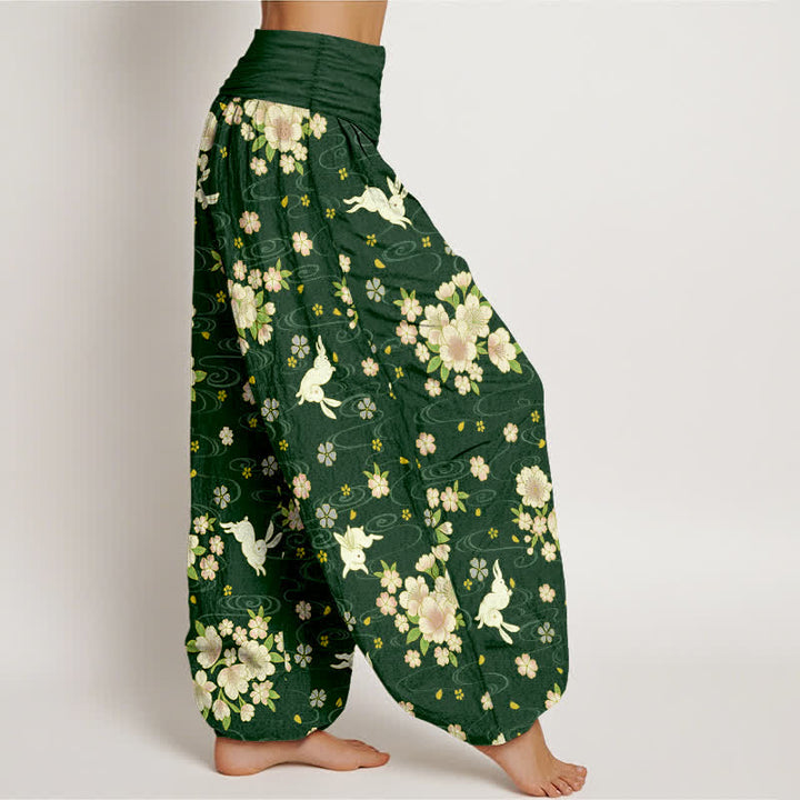 Buddha Stones Pantalones harem de algodón puro con estampado floral de conejo para mujer con cintura elástica. - image 6