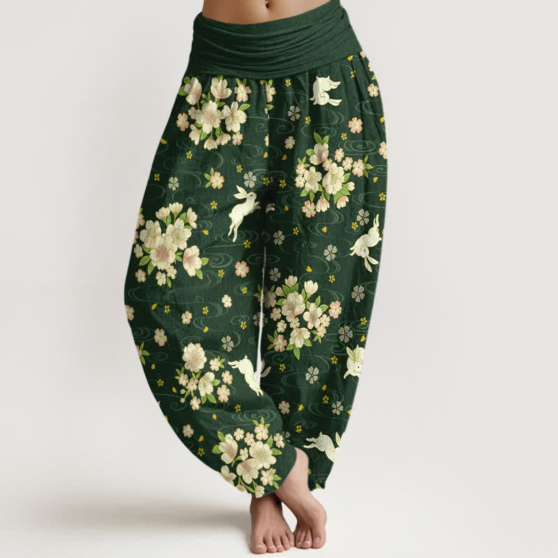 Buddha Stones Pantalones harem de algodón puro con estampado floral de conejo para mujer con cintura elástica. - Verde oscuro - US16，UK/AU20，EU48 (3XL) - image 5