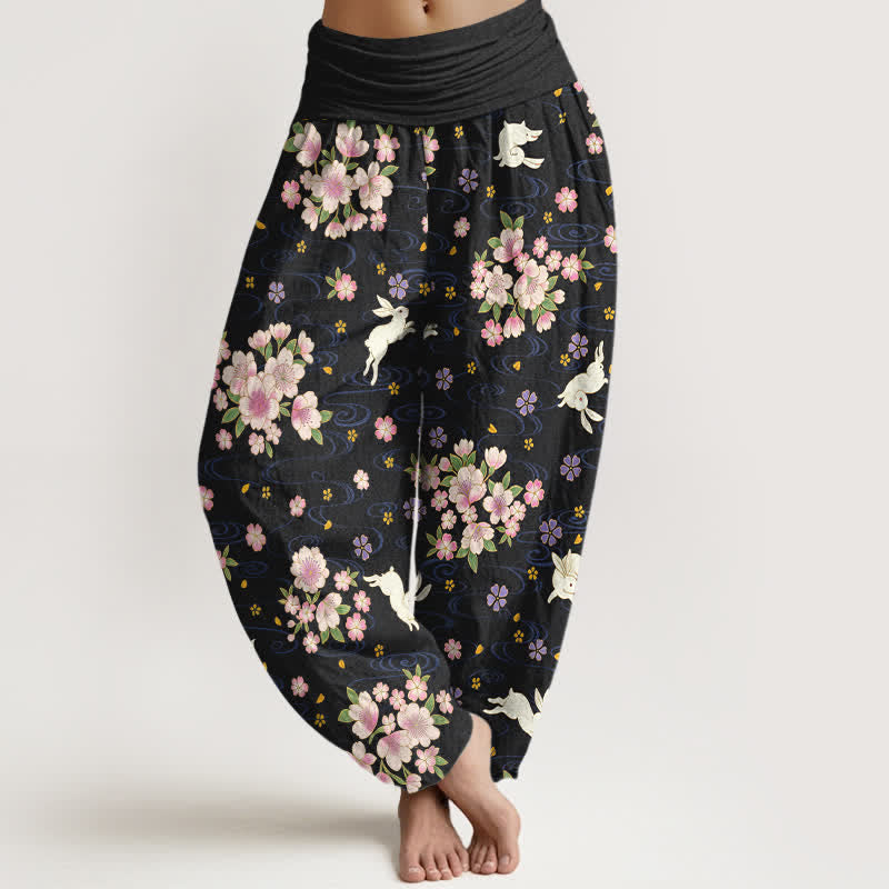 Buddha Stones Pantalones harem de algodón puro con estampado floral de conejo para mujer con cintura elástica. - Negro - US16，UK/AU20，EU48 (3XL) - image 8
