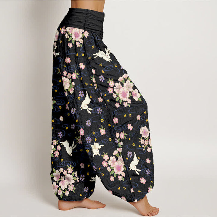 Buddha Stones Pantalones harem de algodón puro con estampado floral de conejo para mujer con cintura elástica. - image 9