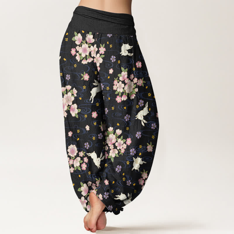 Buddha Stones Pantalones harem de algodón puro con estampado floral de conejo para mujer con cintura elástica. - image 10