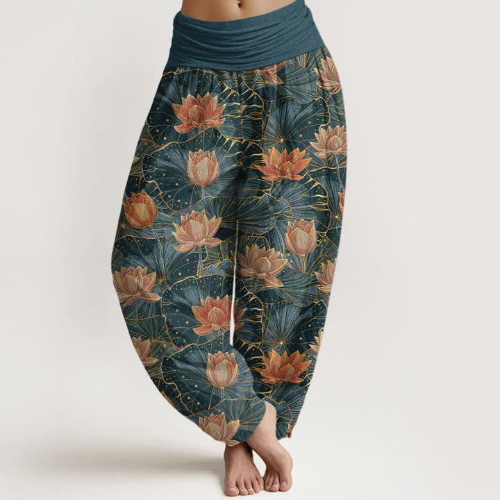 Buddha Stones Pantalones harem de mujer con cintura elástica y estampado de flor de loto, de algodón puro. - Verde azulado - US16，UK/AU20，EU48 (3XL) - image 0
