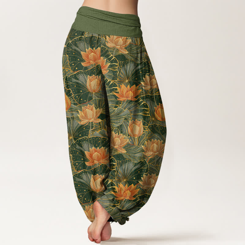 Buddha Stones Pantalones harem de mujer con cintura elástica y estampado de flor de loto, de algodón puro. - image 7