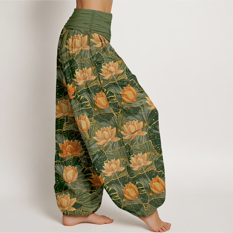 Buddha Stones Pantalones harem de mujer con cintura elástica y estampado de flor de loto, de algodón puro. - image 6